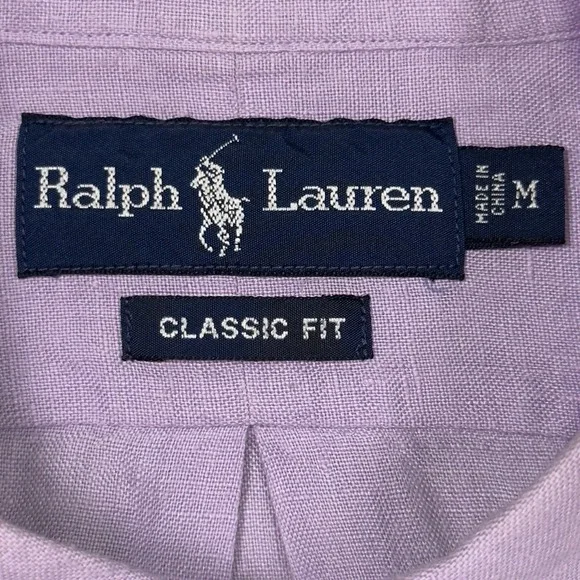 Ralph Lauren Mens Linen Shirt Med Lilac Classic Fit Button Down Long Sleeve Pony - Picture 8 of 10